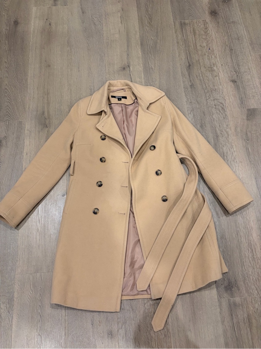 DKNY Beige Double-Breasted Wool Peacoat with Belt